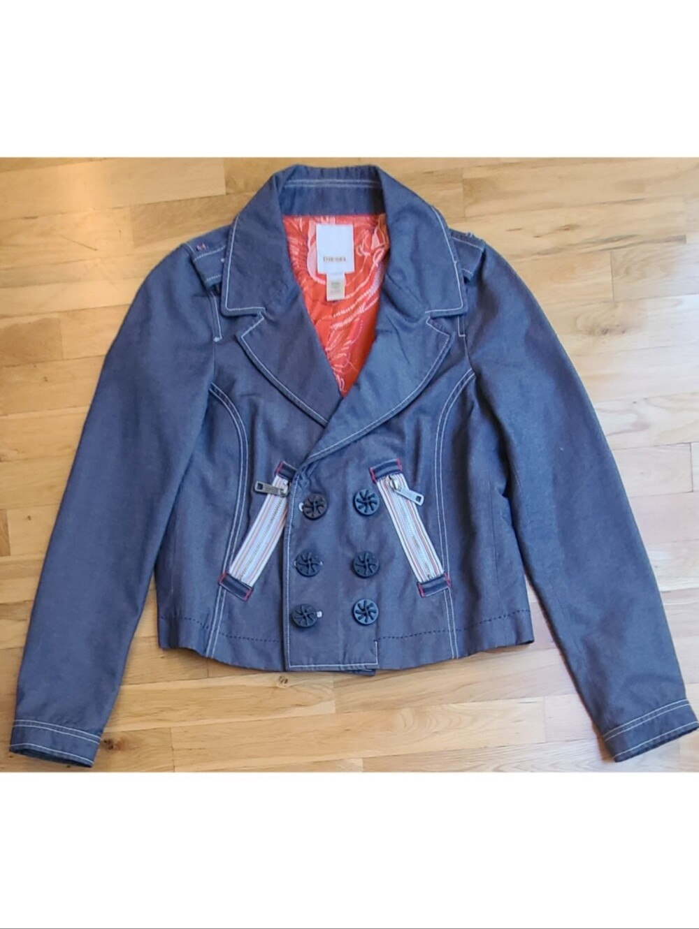 🆕️ Diesel Military Double Breast Denim Swing Jacket XS Streetwear Utilitarian